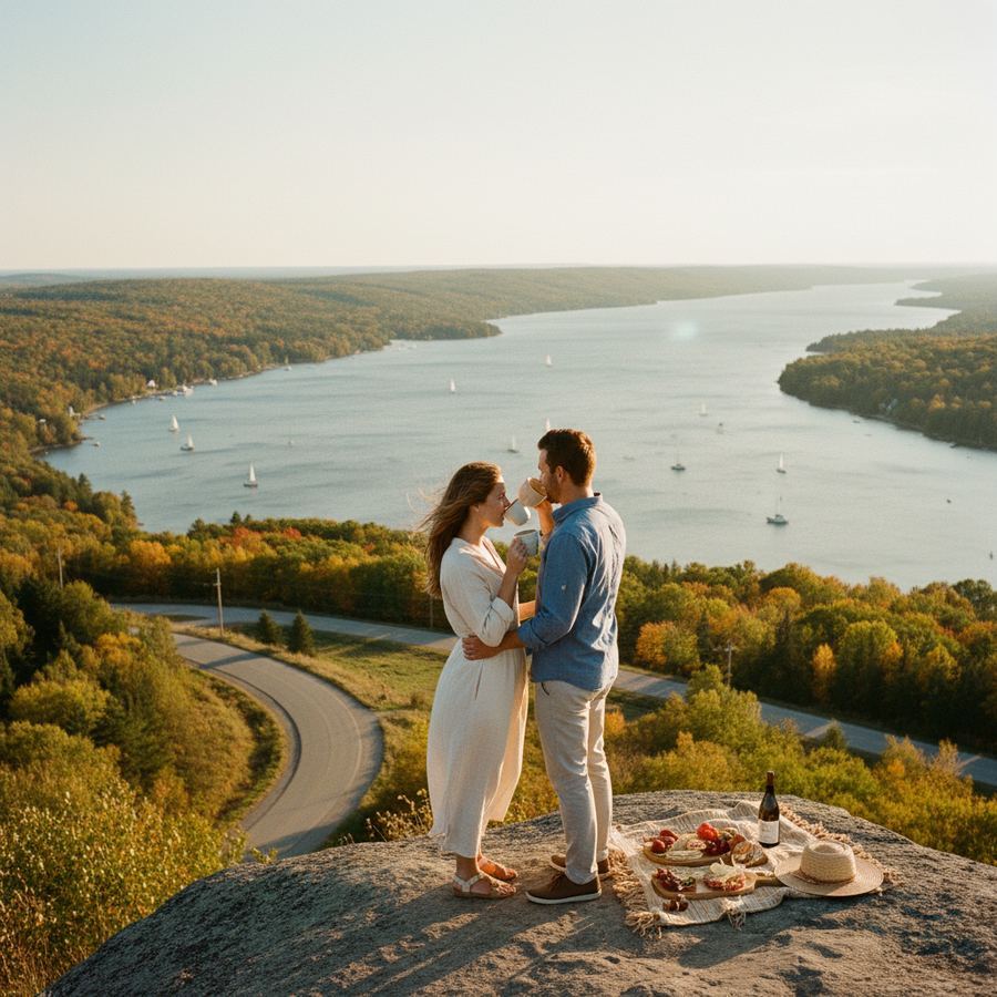 View from the Lake on the Mountain lookout down to the Bay of Quinte and the Glenora ferry crossing below