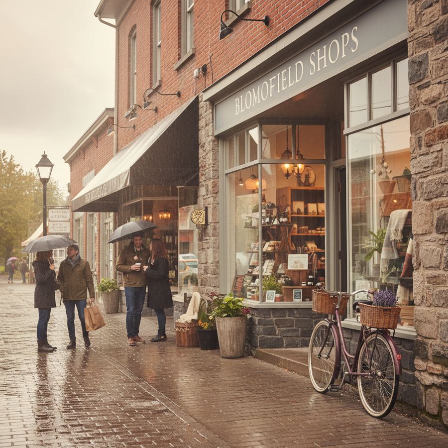 Colourful shopfronts along the main road in Bloomfield on an overcast day
