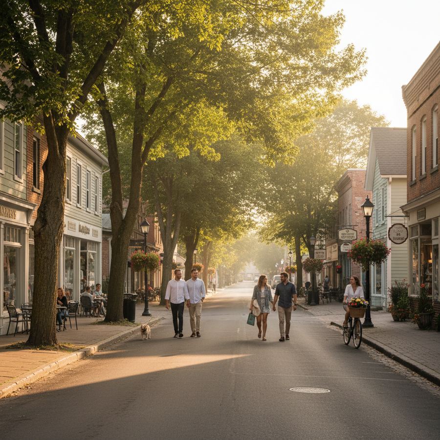 The main intersection in Bloomfield, Prince Edward County, with small shops and trees