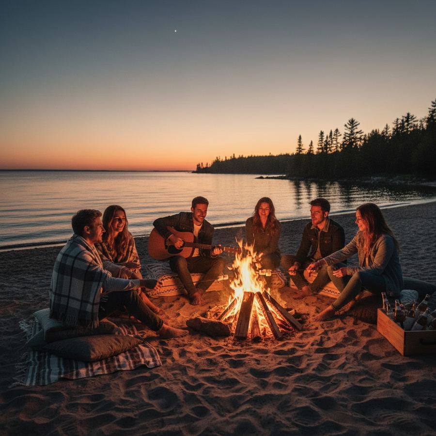 A bonfire at a rural property in Prince Edward County at dusk