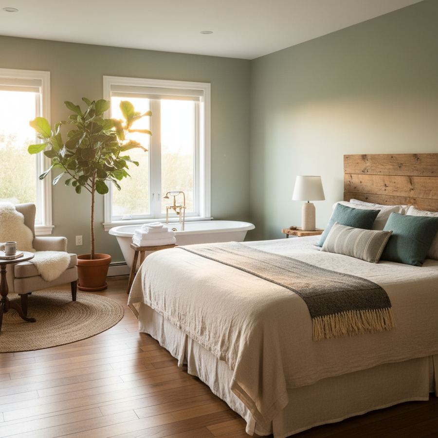 A warmly lit boutique inn room with heritage details in Prince Edward County