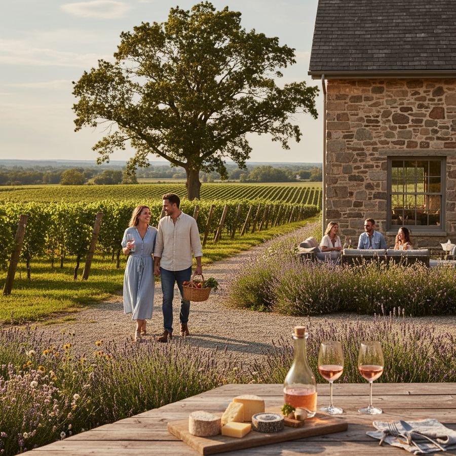 A stone and timber winery building surrounded by mature grapevines along Closson Road