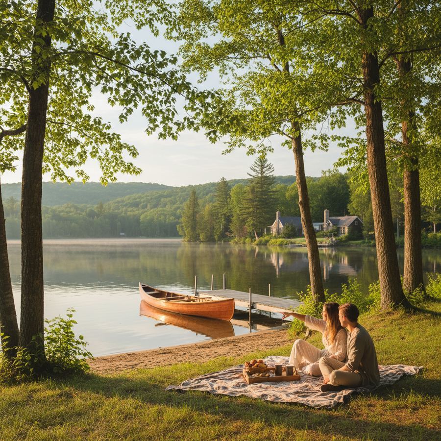 Calm waters of Consecon Lake at sunrise with mist over the surface