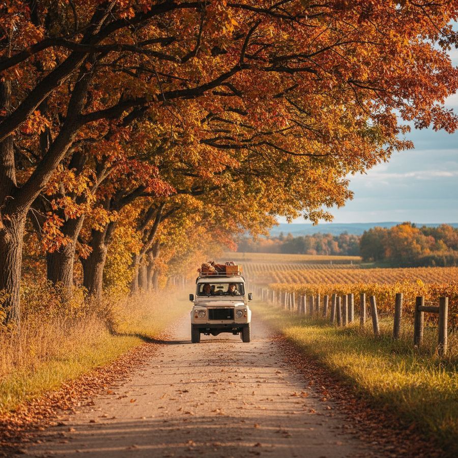 A quiet gravel road lined with trees in autumn colours in Prince Edward County