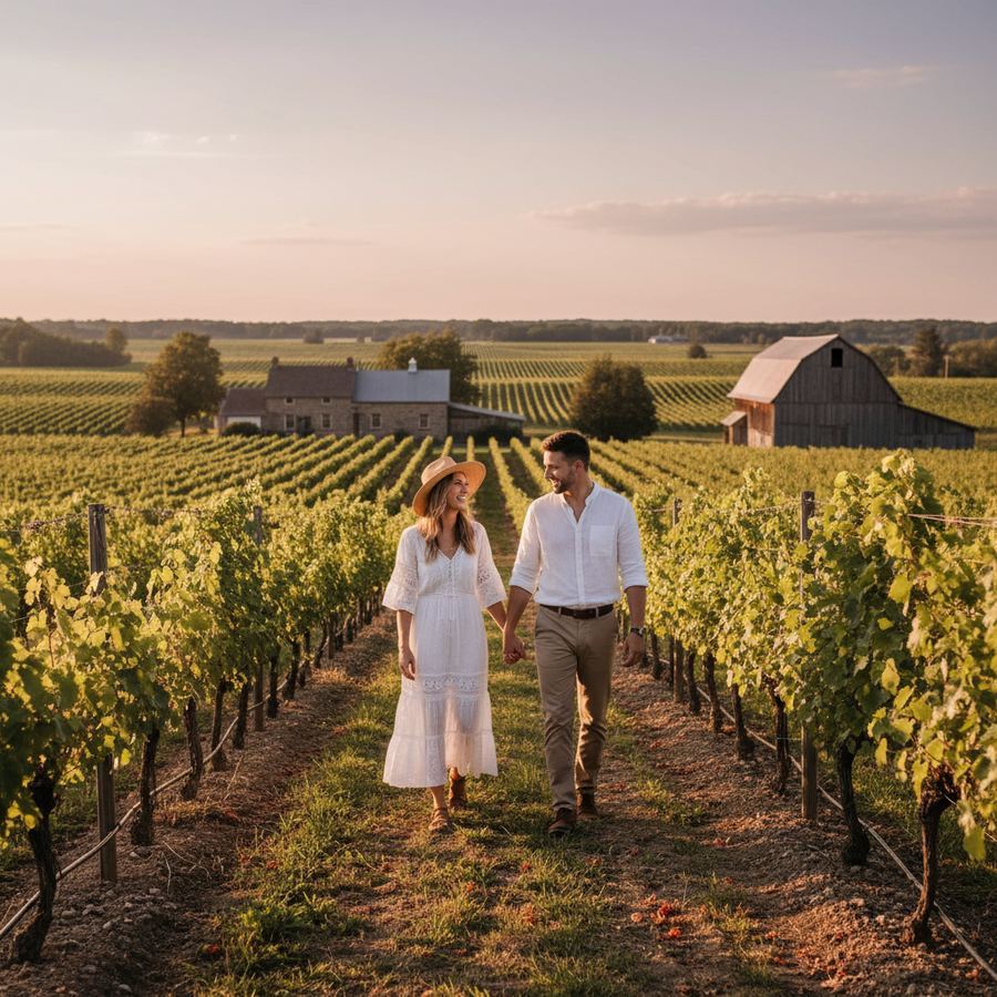 A couple walking through vineyard rows at golden hour in Prince Edward County