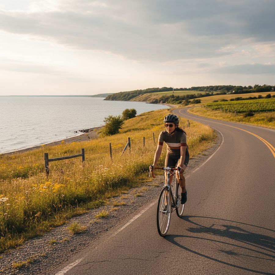 Two cyclists riding along a quiet county road past vineyards near Hillier