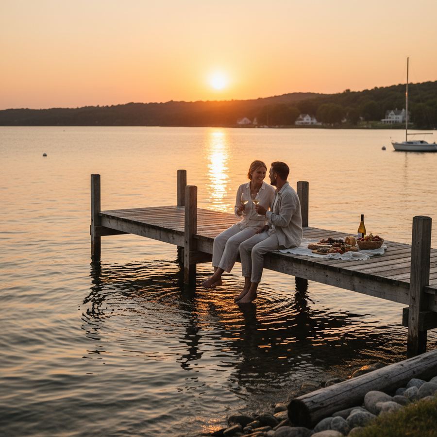 Wooden dock at sunset on a Prince Edward County lake