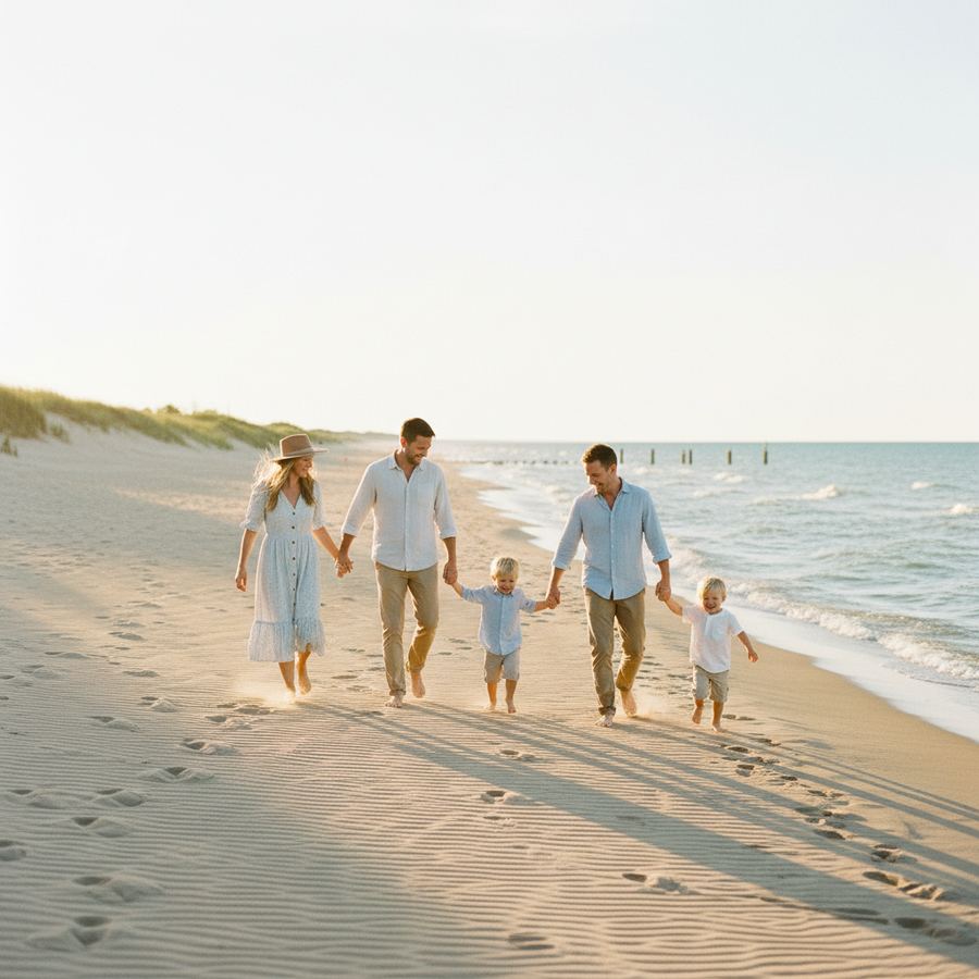 A family walking along the sandy shoreline at Sandbanks Provincial Park on a warm summer day