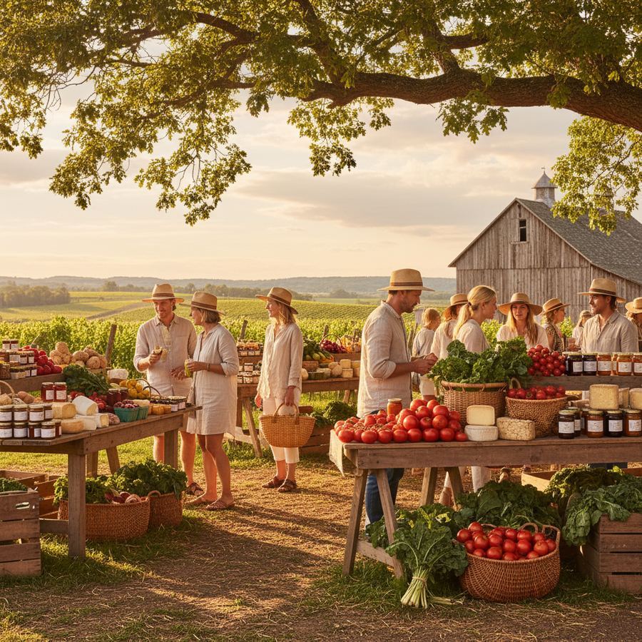 Colourful baskets of fresh vegetables at a roadside farm stand in Prince Edward County