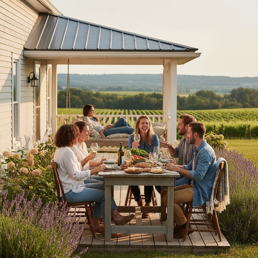 A large farmhouse rental property surrounded by fields in Prince Edward County