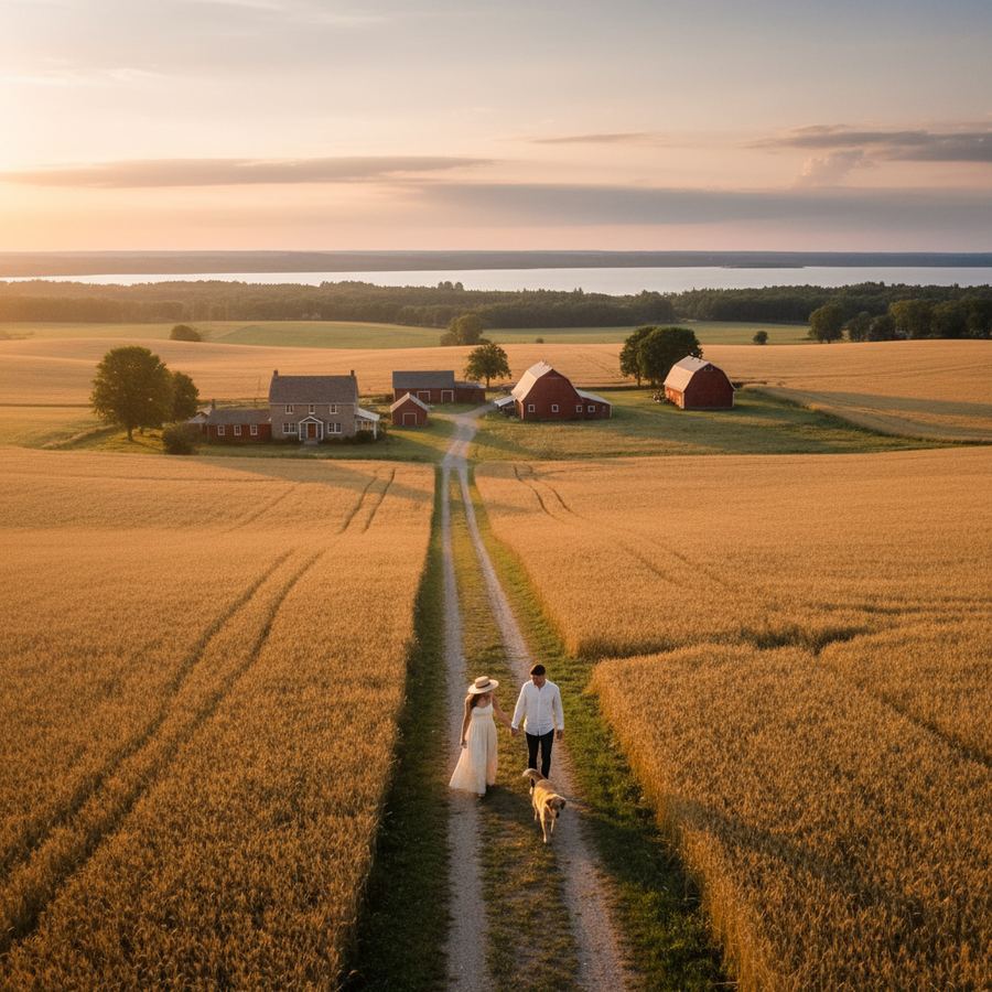 Green farm fields stretching to the horizon near Consecon, Prince Edward County