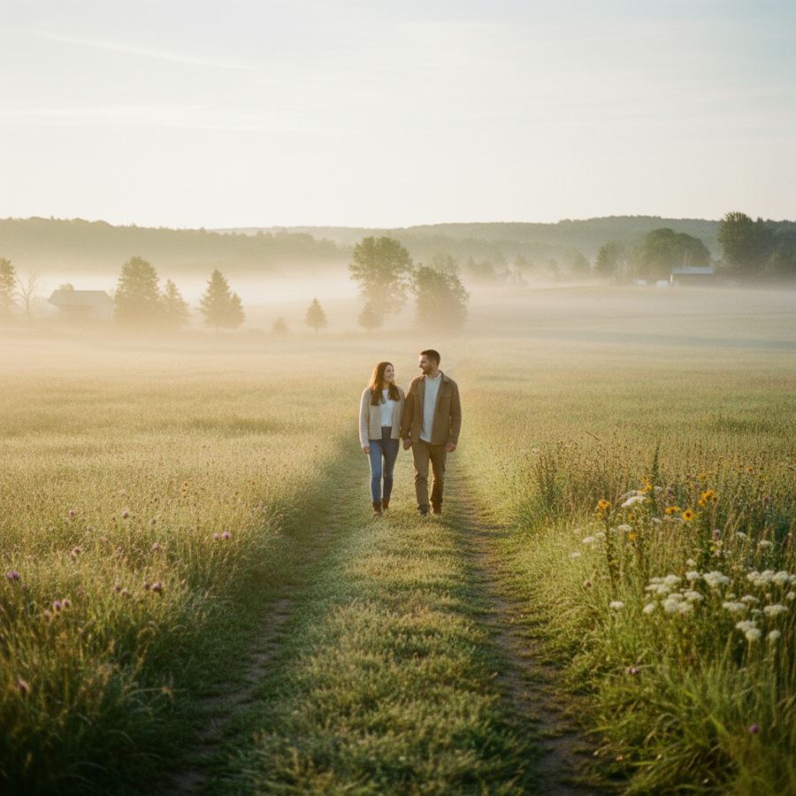 Morning mist rising over a farm field in rural Prince Edward County
