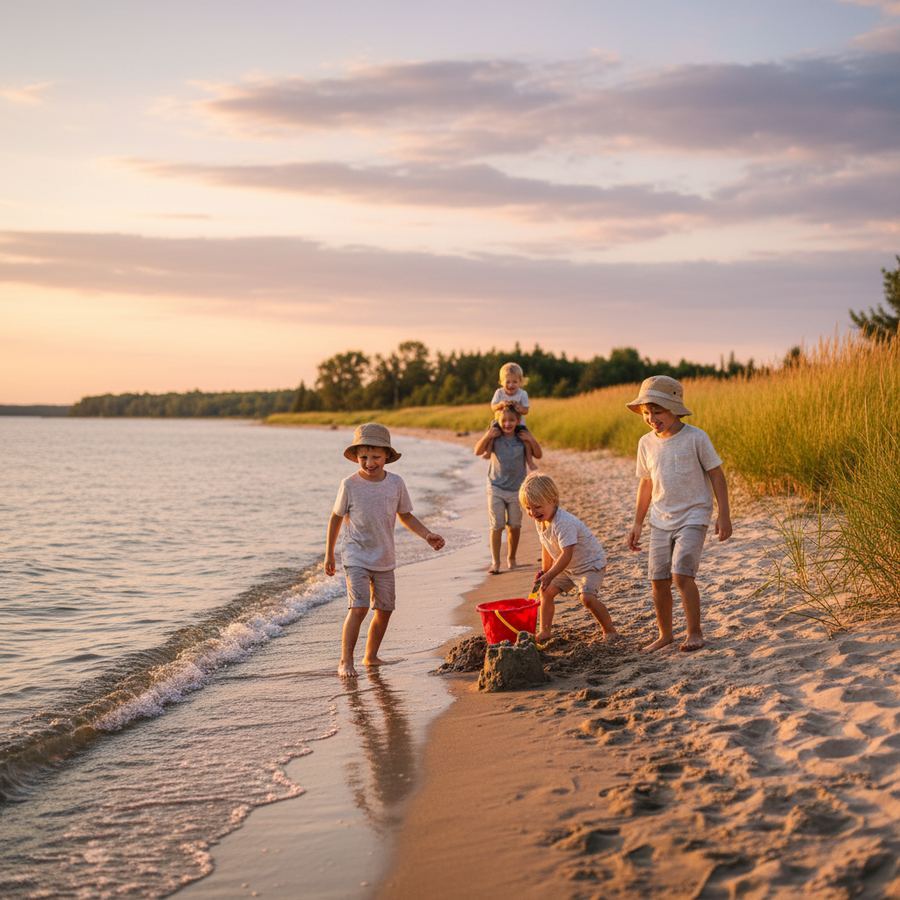 Children building sandcastles near the water at Outlet Beach in Prince Edward County