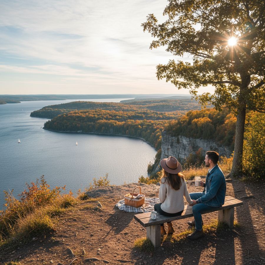 Lake on the Mountain with its calm green water sitting high above the Bay of Quinte in Prince Edward County
