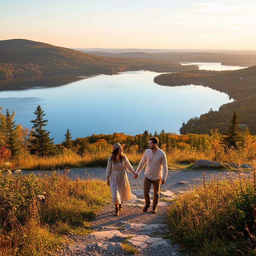 A path winding along the shore of Lake on the Mountain with trees reflected in the still water