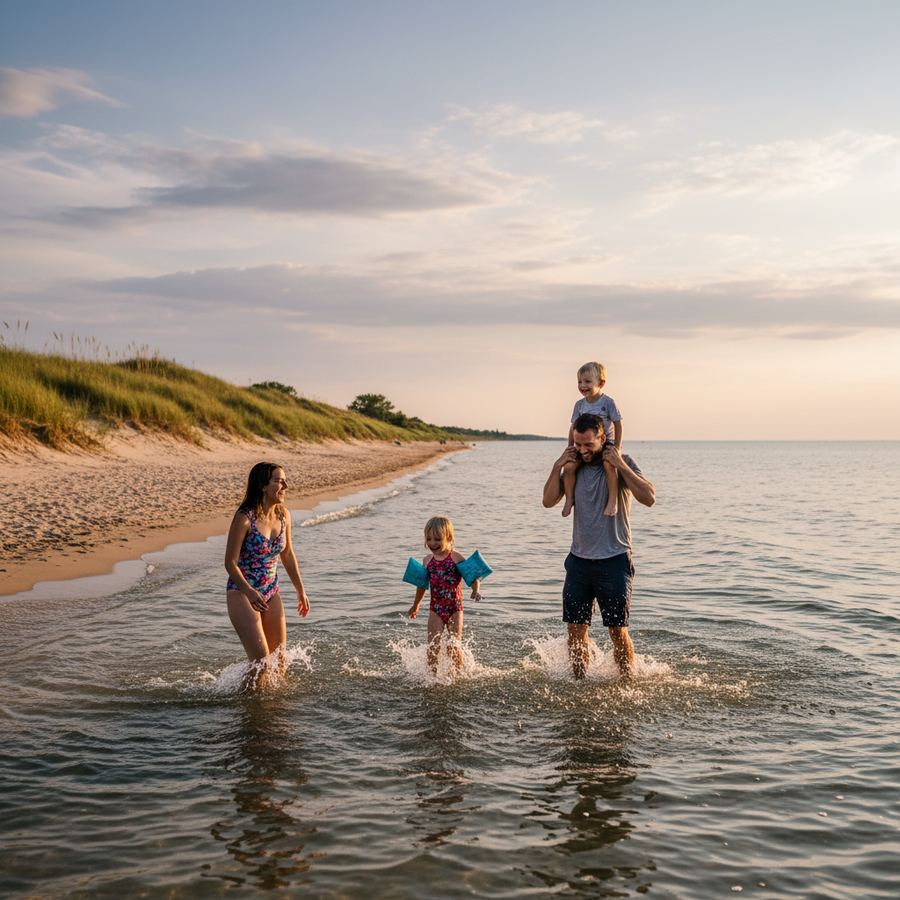 A family wading in the shallow warm water at North Beach on a summer afternoon