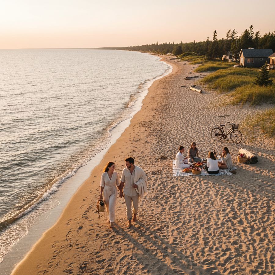 The sandy shoreline at North Beach Provincial Park with gentle waves rolling in from Lake Ontario