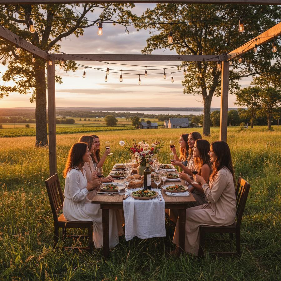 A long outdoor dining table set for dinner at a County farmhouse
