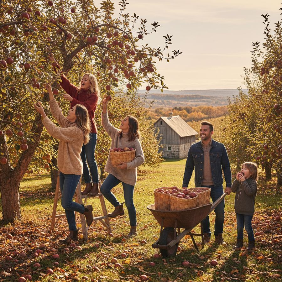 Bushel baskets of freshly picked apples at an orchard near Waupoos