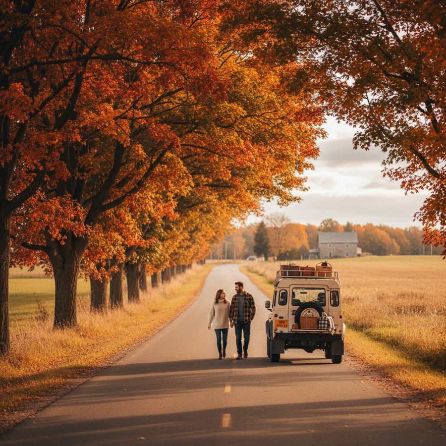 Autumn colours along a tree-lined road in Prince Edward County