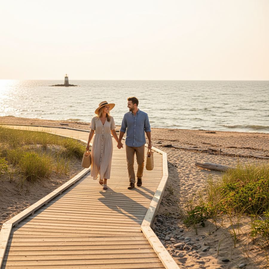 A wooden boardwalk crossing sand dunes at Sandbanks Provincial Park