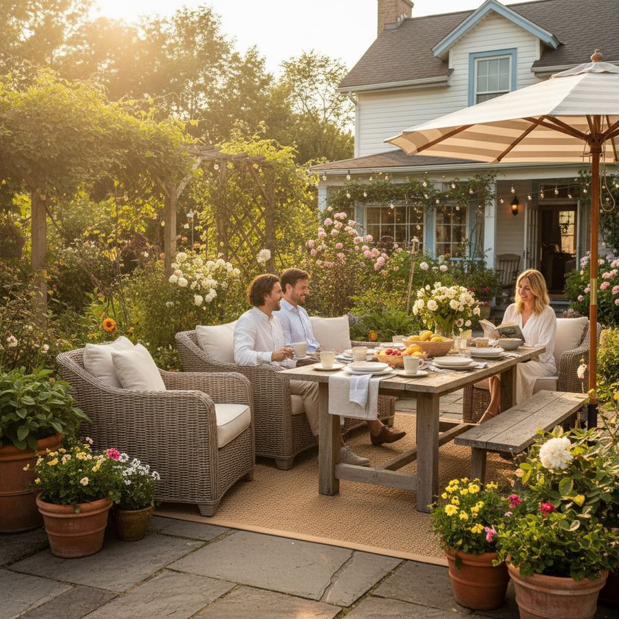 Garden patio at a boutique inn in Prince Edward County with string lights