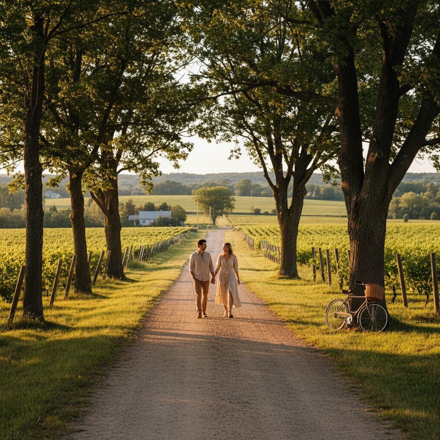 A scenic stretch of Closson Road with vineyards on both sides in Prince Edward County