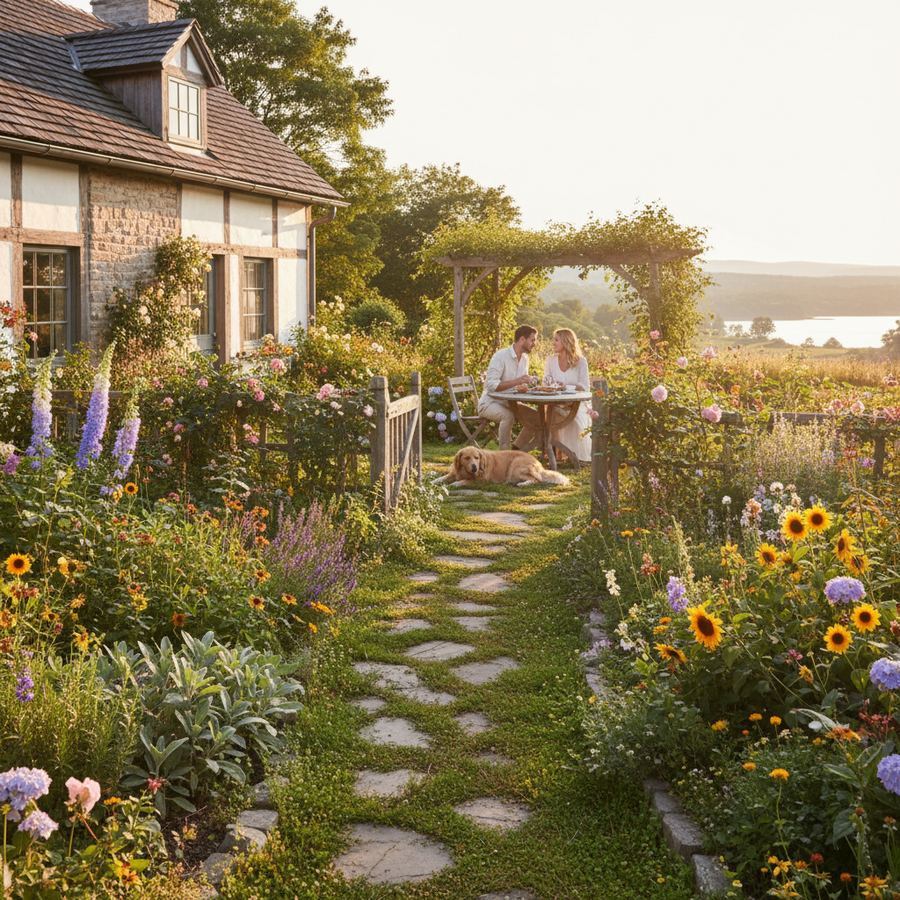 A cottage with a garden and outdoor seating area in Prince Edward County
