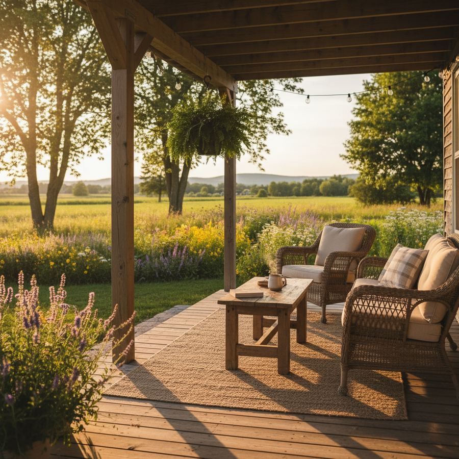 A cottage porch with a rocking chair overlooking countryside in Prince Edward County