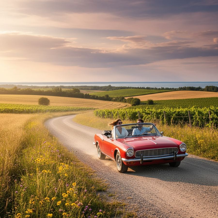 Car driving along a tree-lined county road in Prince Edward County during summer