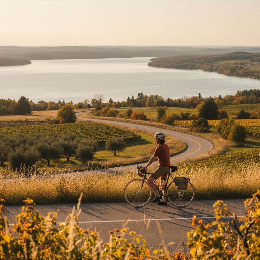 A cyclist pausing to take in the view of Lake Ontario from a hilltop on County Road 10