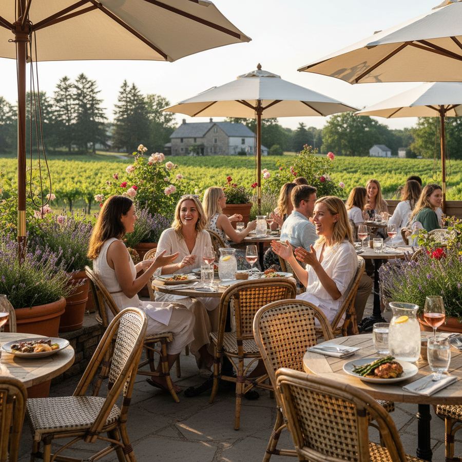 An outdoor restaurant patio in Bloomfield surrounded by garden plantings