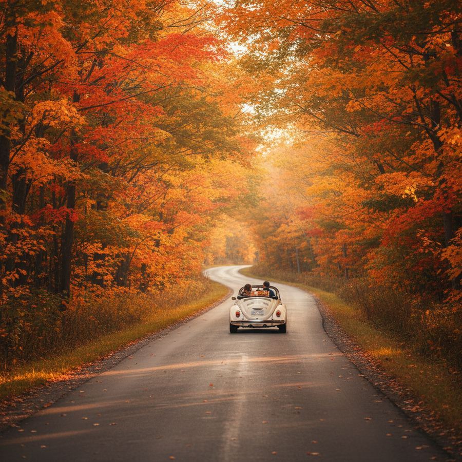 A tree-lined county road blazing with fall colours in Prince Edward County