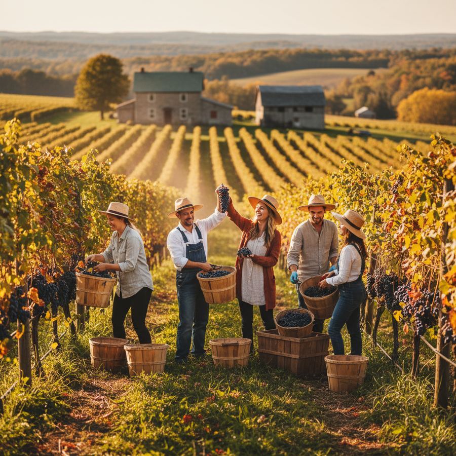 Grape harvest in progress at a vineyard near Hillier in autumn
