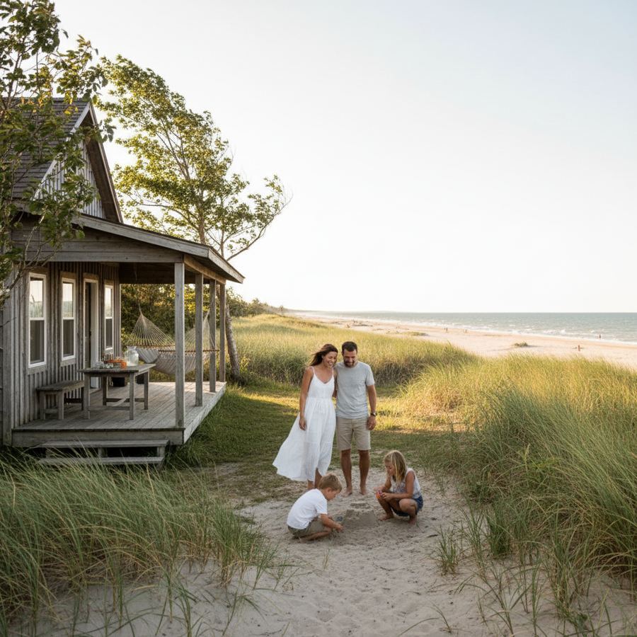 Family playing on the beach near a cottage at Sandbanks Provincial Park