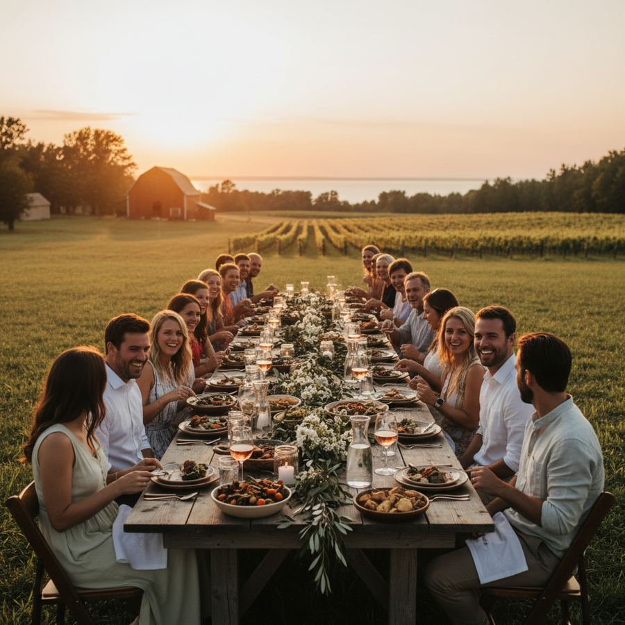 Long table set for a farm dinner at sunset in a Prince Edward County field