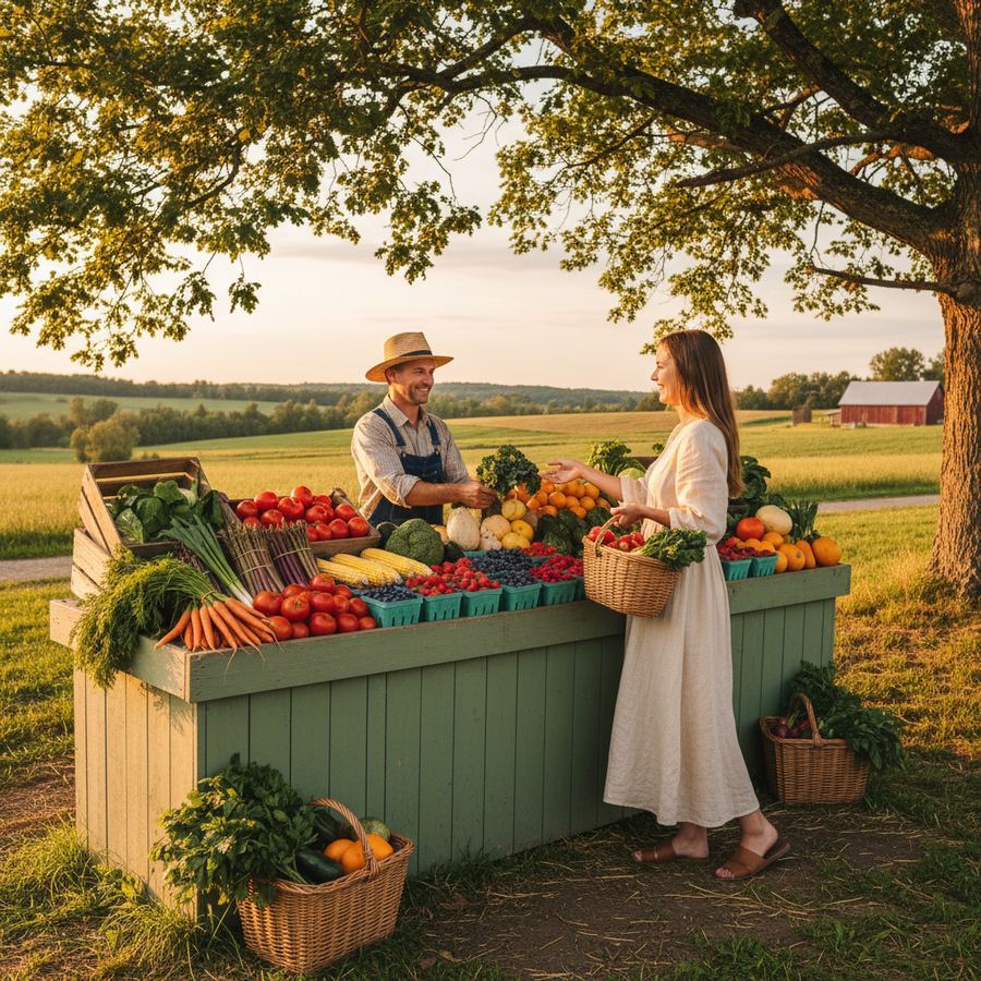 Baskets of fresh tomatoes and peppers at a farm stand near Hillier