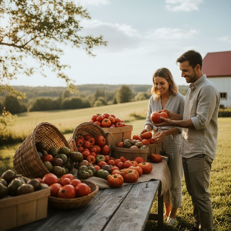 Farm stand with baskets of heirloom tomatoes in Prince Edward County