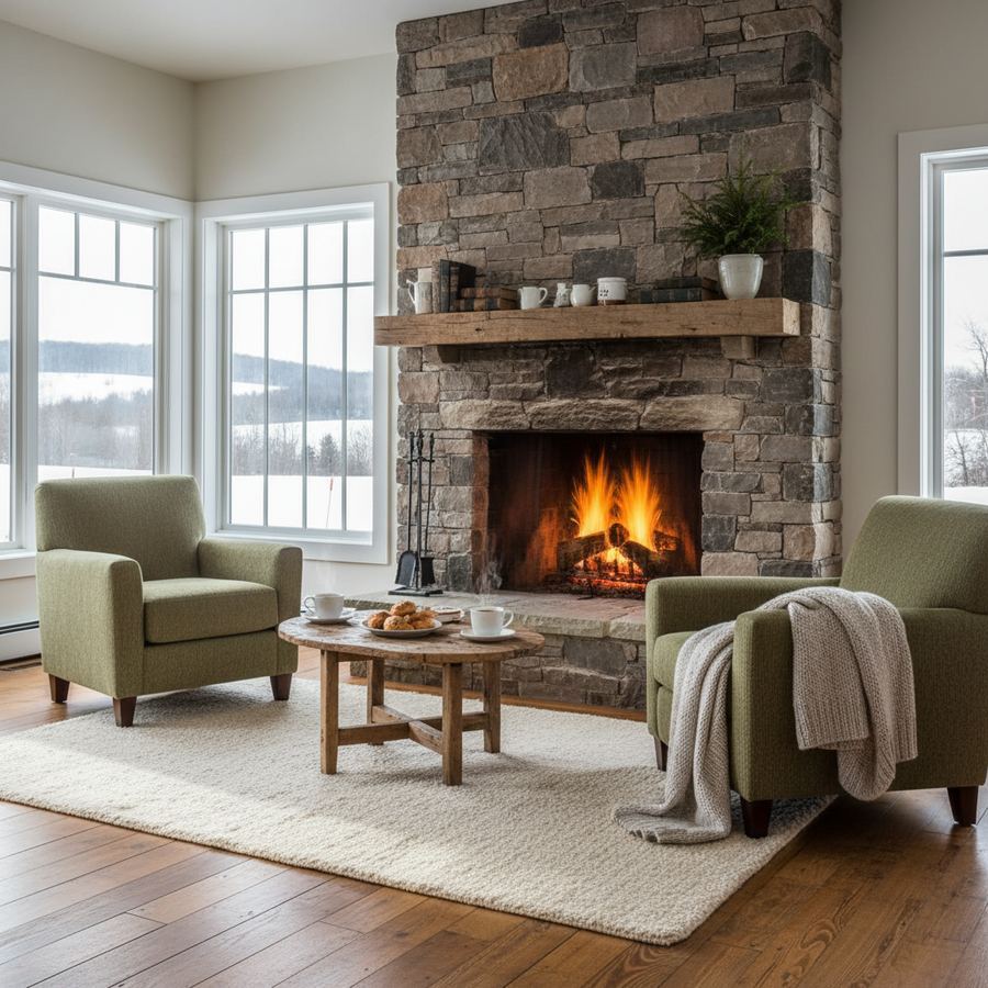 A cozy fireplace inside a cottage rental in Prince Edward County