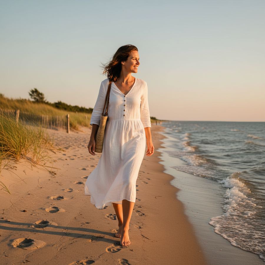 Couple walking along a sandy beach in Prince Edward County
