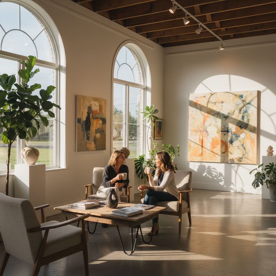 Interior of an art gallery in Bloomfield with paintings and sculptures