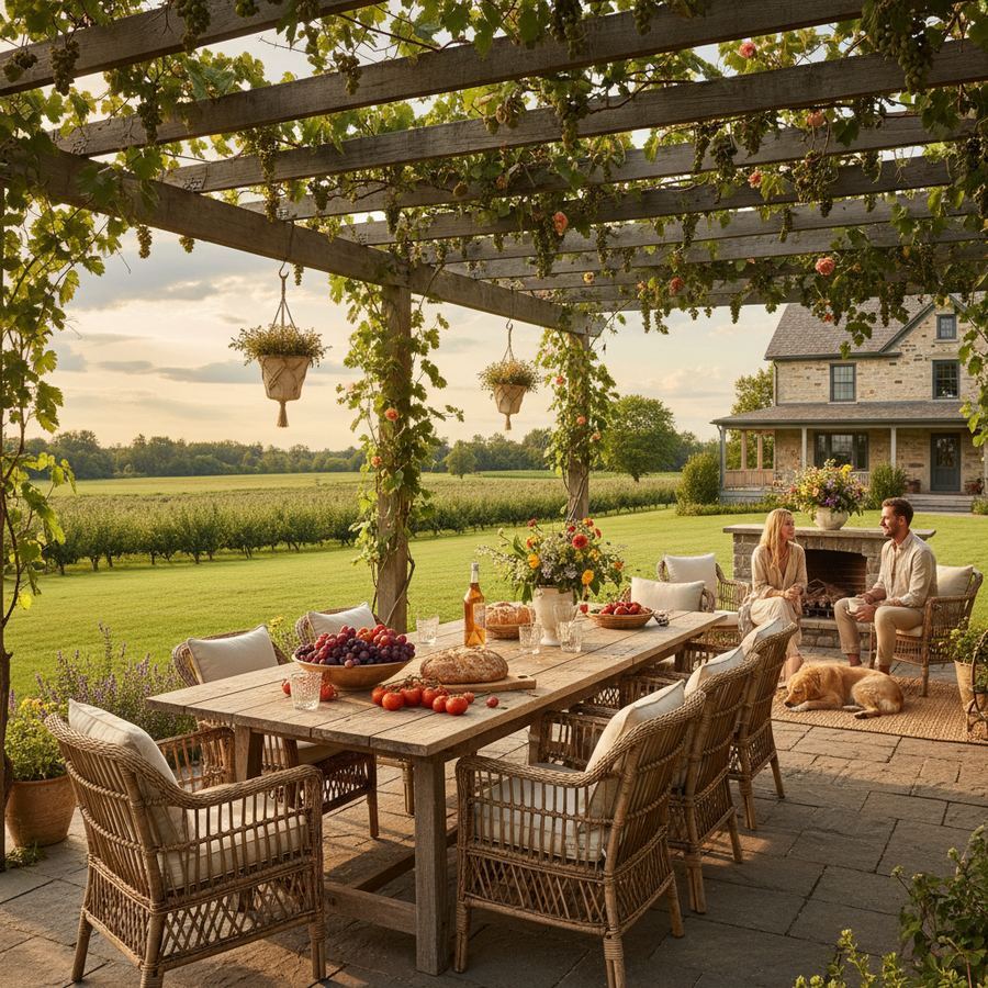 Large farmhouse with a patio set up for a group dinner in Prince Edward County