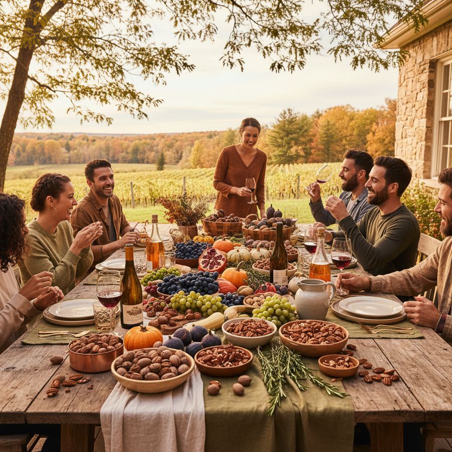 A rustic harvest table with seasonal produce and wine in Prince Edward County