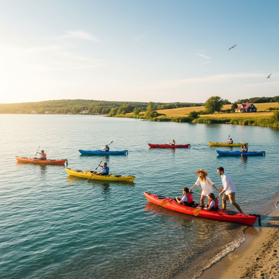 Kayakers paddling on calm bay waters in Prince Edward County