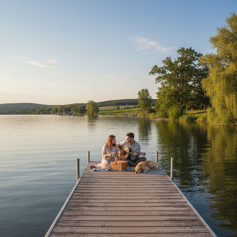 A wooden dock extending into calm lake water in the golden hour near West Lake