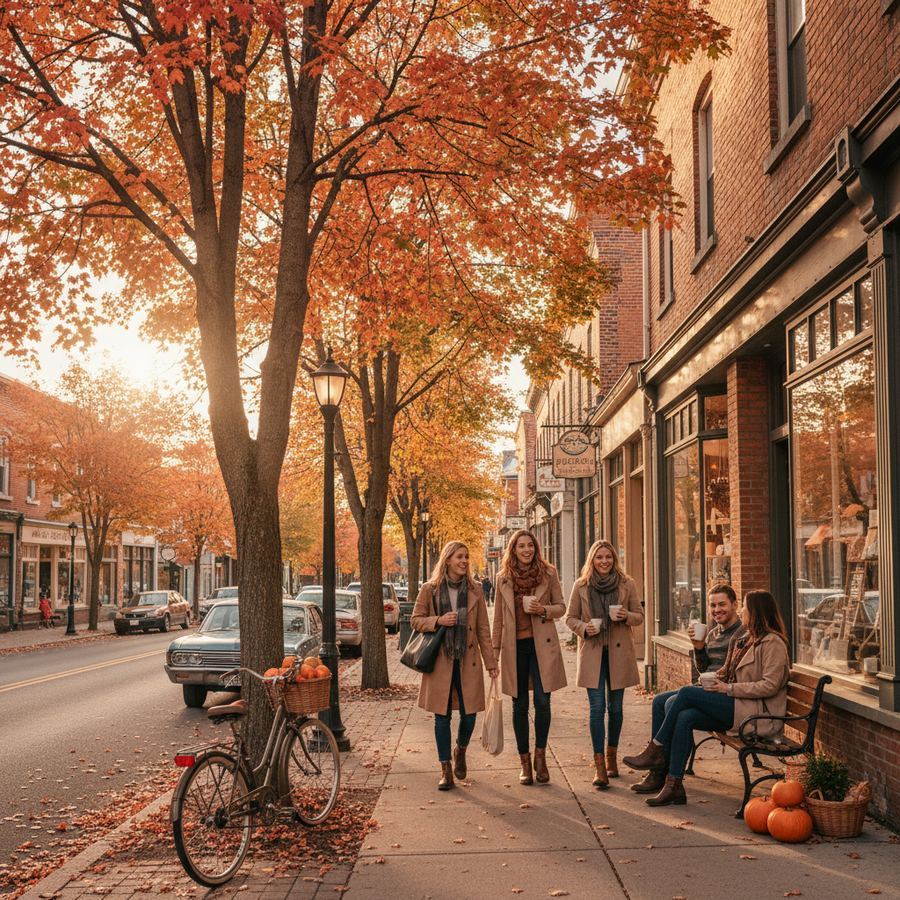 Autumn colours along a tree-lined street in Prince Edward County