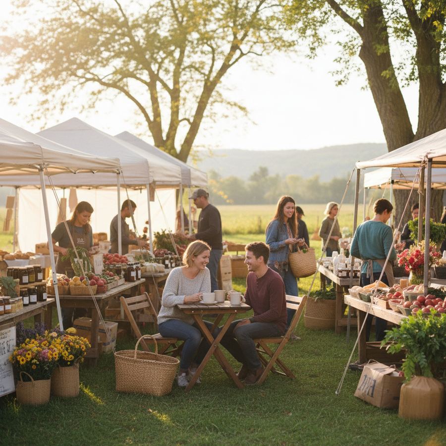 Saturday morning at the Picton Farmers' Market with vendors and shoppers under white tents