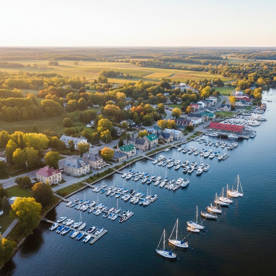 An aerial view of Picton with the harbour and surrounding countryside