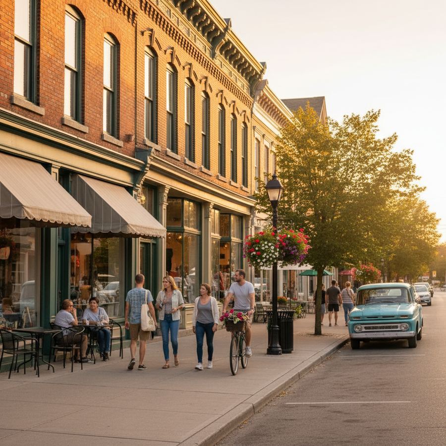 Storefronts and pedestrians on Main Street in Picton, Prince Edward County