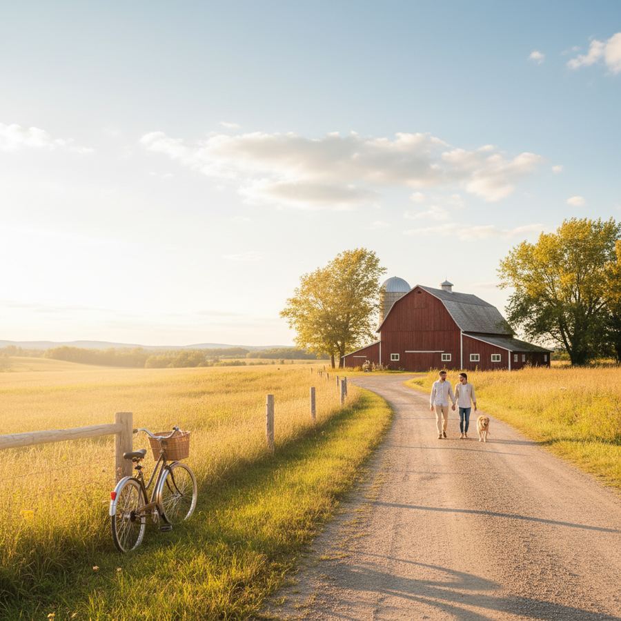 Gravel road leading past a red barn in rural Prince Edward County